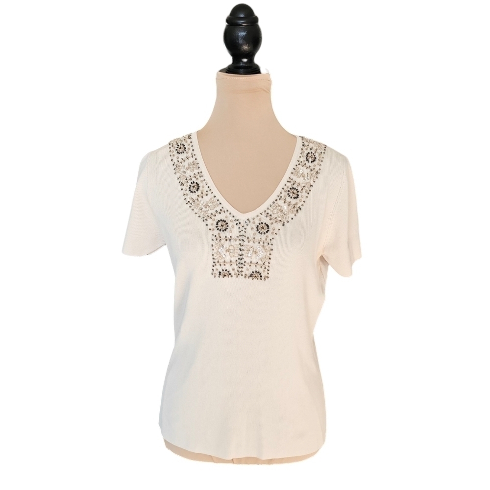 Alison Sheri Beige Beaded Short Sleeve Blouse Sz S